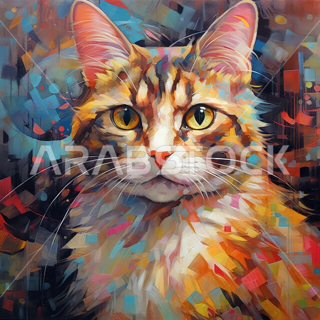 Wall painting of a cat in oil colors, illustrations, plastic art, 3D drawings of a cute cat, arts and exhibitions