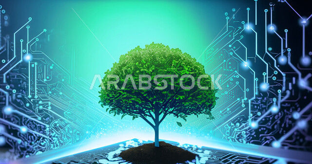 شجرة الكترونية خضراء، مفهوم التحول الرقمي، تطور التقنية والتكنولوجيا الرقمية، تكنولوجيا المستقبل، استخدام تقنية الهولوجرام ثلاثية الابعاد، خلفية تقنية لخطوط شبكية متوهجة