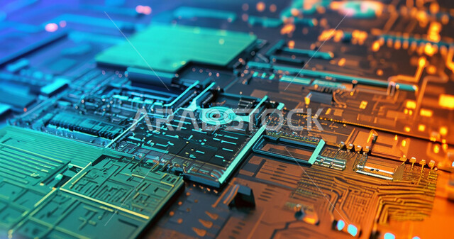 شريحة كمبيوتر مضيئة، اشباه الموصلات، شرائح الكترونية ثلاثية الابعاد، تكنولوجيا المستقبل والتطور الرقمي، خلفية رقمية مشعة، مفهوم التحول الرقمي