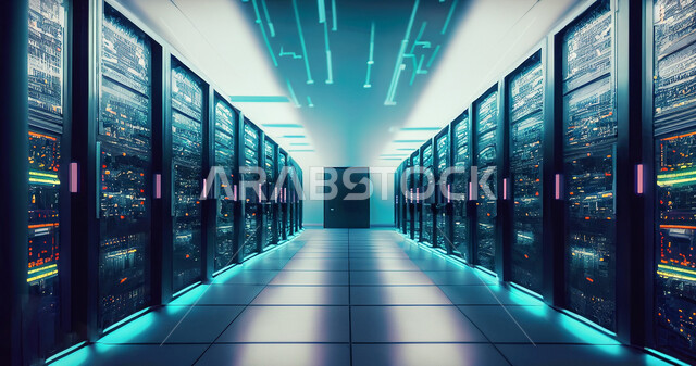 Servers and Internet servers control room, data storage network, data center, hangar for servers and data and storage, digital development and future technology, the concept of digital transformation