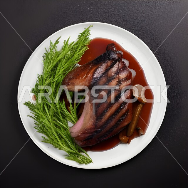 طبق البط المشوي والخضار، وجبات الطعام اللذيذة، وصفات وأطباق شهية، مطاعم وأكلات عربية شرقية، مطعم المشاوي، خلفية سوداء