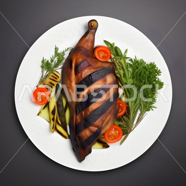 طبق البط المشوي والخضار، وصفات وأطباق شهية، وجبات الطعام اللذيذة، مطاعم وأكلات عربية شرقية، مطعم المشاوي، خلفية رمادية