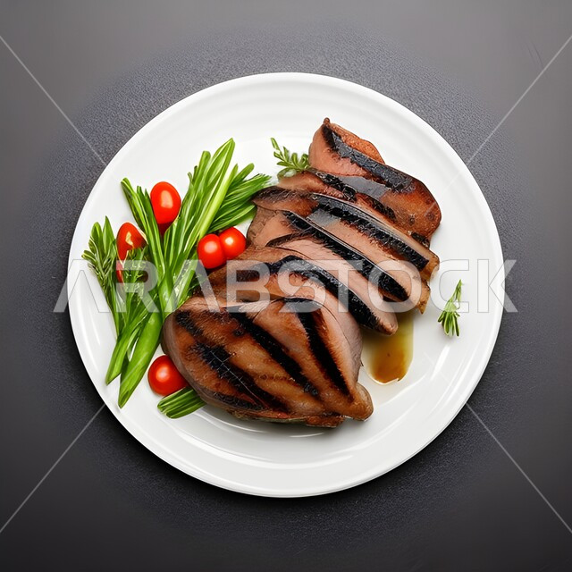 وجبات الطعام اللذيذة، طبق البط المشوي والخضار، وصفات وأطباق شهية، مطاعم وأكلات عربية شرقية، مطعم المشاوي، خلفية رمادية