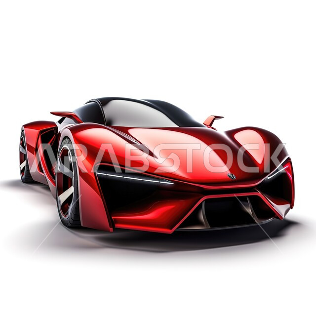 صورة مقربة لسيارة اس ار تي توماهوك، سيارة رياضية حمراء، خلفية بيضاء