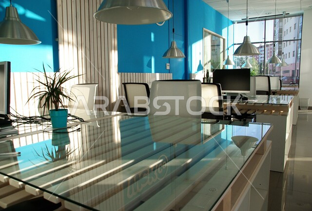 Office room with luxurious designs, office tables and chairs, luxurious office furniture, modern modern designs and decorations, environment and work desk