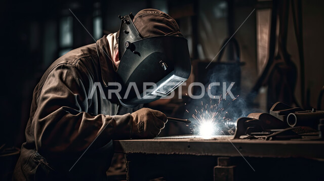 ارتداء قناع الحمايه من شرارة لحام الحديد المتناثره ،حداد عربي خليجي سعودي يقوم بلحام الحديد في المصنع،  مصانع المعادن  والحديد الخام، عمال ومهندسين