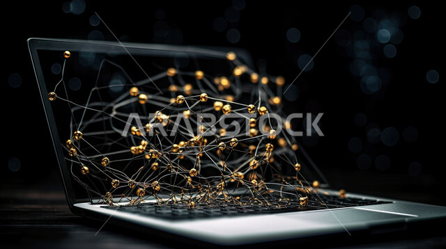 تطور التقنيه والتكنولوجيا الحديثه ،صورة مقربه للأنسجة  الإلكترونيه المتولده من جهاز الحاسوب المحمول ، خلايا شبكيه ثلاثية الأبعاد للتفكير الالكتروني والذكاء الاصطناعي،  خلفية سوداء