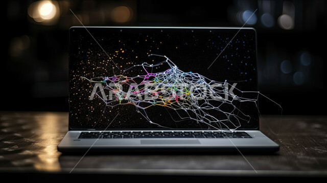 تطور التقنيه والتكنولوجيا الحديثه ،صورة مقربه للأنسجة  الإلكترونيه المتولده من جهاز الحاسوب المحمول ، خلايا شبكيه ثلاثية الأبعاد للتفكير الالكتروني والذكاء الاصطناعي،  خلفية سوداء