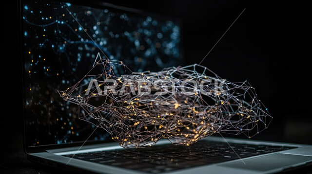 صورة مقربه للأنسجة  الإلكترونيه المتولده من جهاز الحاسوب المحمول ، خلايا شبكيه ثلاثية الأبعاد للتفكير الالكتروني والذكاء الاصطناعي، تطور التقنيه والتكنولوجيا الحديثه ، خلفية سوداء