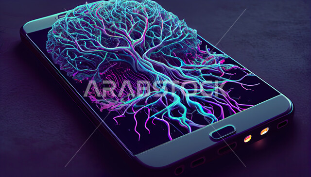 خلايا شبكيه ثلاثية الأبعاد للتفكير الالكتروني والذكاء الاصطناعي، صورة مقربه للأنسجة  الإلكترونيه المتولده من الهاتف المحمول ، تطور التقنيه والتكنولوجيا الحديثه ،  خلفية سوداء