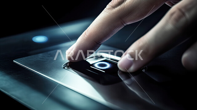 مفهوم أمن تكنولوجيا المعلومات، صورة مقربة ليد رجل خليجي سعودي يضغط بأصبعه لفك قفل الامان بتقنية حديثة, ماسح ضوئي لبصمات الاصابع, نظام امني و الدخول  ببصمة الاصبع, خلفية زرقاء