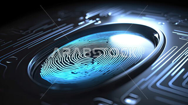 ماسح ضوئي لبصمات الاصابع, صورة مقربة لعدسة لاصقة ذكية , فك قفل الامان بتقنية حديثة,  مفهوم أمن تكنولوجيا المعلومات، نظام امني و الدخول  ببصمة الاصبع, خلفية زرقاء