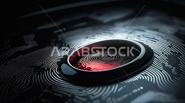 فك قفل الامان بتقنية حديثة, صورة مقربة لعدسة لاصقة ذكية , ماسح ضوئي لبصمات الاصابع,  مفهوم أمن تكنولوجيا المعلومات، نظام امني و الدخول  ببصمة الاصبع, خلفية رمادية