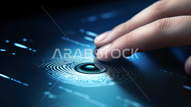 صورة مقربة ليد رجل خليجي سعودي يضغط بأصبعه لفك قفل الامان بتقنية حديثة, ماسح ضوئي لبصمات الاصابع,  مفهوم أمن تكنولوجيا المعلومات، نظام امني و الدخول  ببصمة الاصبع, خلفية زرقاء