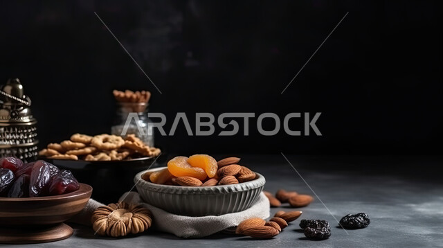 منتجات محليه سعوديه, مأكولات صحية على مائدة الافطار في شهر رمضان ,صورة مقربة لطاولة تحتوي على أصناف متنوعة من الفواكه المجففه والمكسرات الطازجه , خلفية سوداء