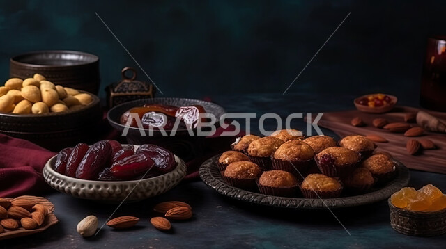 مأكولات صحية على مائدة الافطار  في شهر رمضان ,صورة مقربة لطاولة تحتوي  على أصناف متنوعة من الفواكه المجففه والمكسرات الطازجه , منتجات محليه  سعوديه, خلفية سوداء