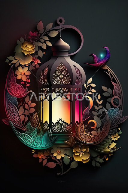 تحف واكسسوارات شهر رمضان المبارك ، فانوس وإضاءه ملونه، زينة وأنوار للاعياد والمناسبات، أجواء سعيده ، عساكم من عواده ، قدوم شهر الخير ، خلفيه سوداء