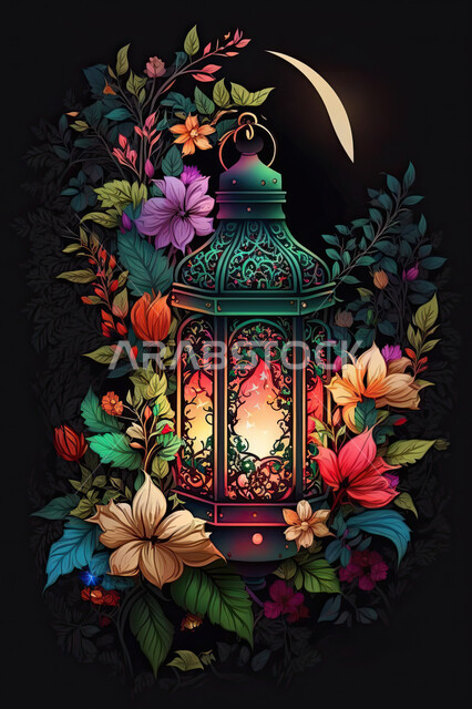 تحف واكسسوارات شهر رمضان المبارك ، فانوس وإضاءه ملونه، زينة وأنوار للاعياد والمناسبات، أجواء سعيده ، عساكم من عواده ، قدوم شهر الخير ، خلفيه سوداء