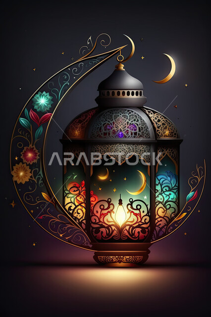 Colorful lanterns and lighting, antiques and accessories for the blessed month of Ramadan, decorations and lights for holidays and occasions, a happy atmosphere, may it return to you, the advent of the month of goodness, a colorful background