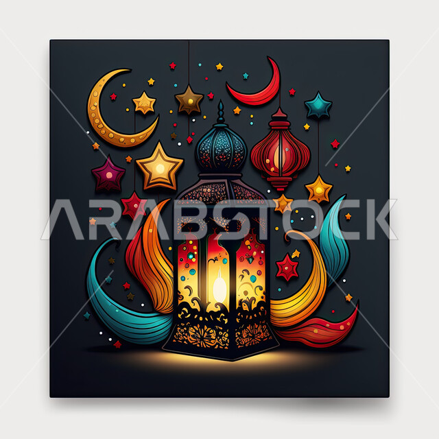 أجواء سعيده ، تحف واكسسوارات شهر رمضان المبارك ، فانوس وإضاءه ملونه، زينة وأنوار للاعياد والمناسبات، عساكم من عواده ، قدوم شهر الخير ، خلفيه زرقاء