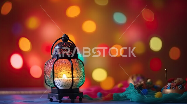 May you be happy, antiques and accessories for the blessed month of Ramadan, lanterns and colorful lighting, decorations and lights for holidays and occasions, a happy atmosphere, the advent of the month of goodness, a colorful background