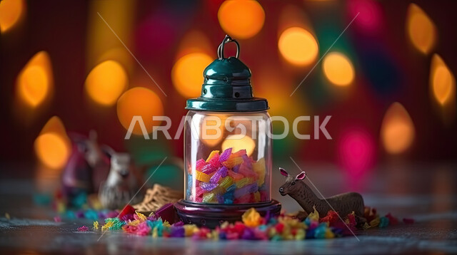 اكسسوارات وتحف شهر رمضان المبارك ، فانوس وإضاءه ملونه، زينة وأنوار للاعياد والمناسبات، أجواء سعيده ، عساكم من عواده ، قدوم شهر الخير ، خلفيه ملونه