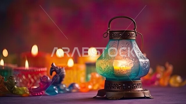 اكسسوارات وتحف شهر رمضان المبارك ، فانوس وإضاءه ملونه، زينة وأنوار للاعياد والمناسبات، أجواء سعيده ، عساكم من عواده ، قدوم شهر الخير ، خلفيه ملونه