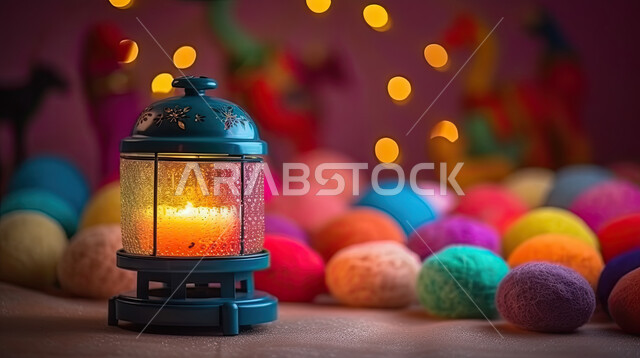 A happy Ramadan atmosphere, lights and decorations for holidays and occasions, accessories and artifacts for the blessed month of Ramadan, the advent of the month of blessing and goodness, lanterns and colorful lighting, may you be blessed, a colorful bac