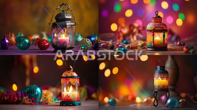 مجموعة من الفوانيس وإضاءه ملونه, أنوار وزينة للاعياد والمناسبات، أجواء رمضانية سعيده ،اكسسوارات وتحف شهر رمضان المبارك ، قدوم شهر البركة و الخير ، عساكم من عواده ، خلفيه ملونه