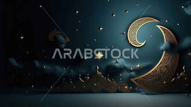 فنون جداريه معلقه ، لوحه فنيه لمنظر طبيعي مضيء في وضع الليل، لوحه جداريه ثلاثية الابعاد لزخارف في وسط الطبيعه ، خلفية اسلاميه