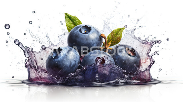صورة مقربه للتوت الاسود بين قطرات الماء المحيطه به ، سقوط التوت البري في الماء ، فواكه صحيه موسميه طازجه ،  فاكهة البلوباري ، خلفية بيضاء