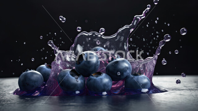 سقوط التوت البري في الماء ،صورة مقربه للتوت الاسود بين قطرات الماء المحيطه به ، فواكه صحيه موسميه طازجه ،  فاكهة البلوباري ، خلفية سوداء