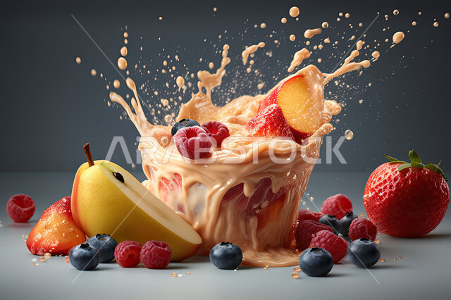 صورة مقربه لفاكهه منعشه بين قطرات الماء المحيطه به ، محاصيل زراعيه سعوديه, منتجات محلية,  فواكه صحيه موسميه طازجه ، سقوط الفواكه في الوعاء، خلفية رمادية