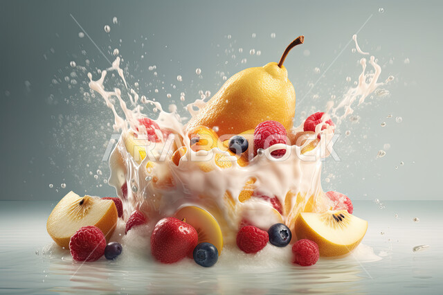 صورة مقربه لفاكهه منعشه بين قطرات الماء المحيطه به ، محاصيل زراعيه سعوديه, منتجات محلية,  فواكه صحيه موسميه طازجه ، سقوط الفواكه في الوعاء، خلفية بيضاء