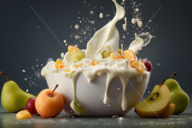 صورة مقربه لوعاء يحوي فاكهه منعشه بين قطرات الماء المحيطه به ، محاصيل زراعيه سعوديه, منتجات محلية,  فواكه صحيه موسميه طازجه ، سقوط الفواكه في الوعاء، خلفية رمادية