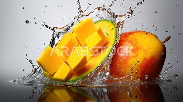 A close-up of a mango fruit among the water droplets surrounding it, Saudi agricultural crops, local products, fresh seasonal healthy fruits, mango falling into the water, white background