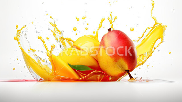 صورة مقربه لفاكهه المانجو بين قطرات الماء المحيطه به ، محاصيل زراعيه سعوديه, منتجات محلية,  فواكه صحيه موسميه طازجه ، سقوط المانجو في الماء ، خلفية بيضاء