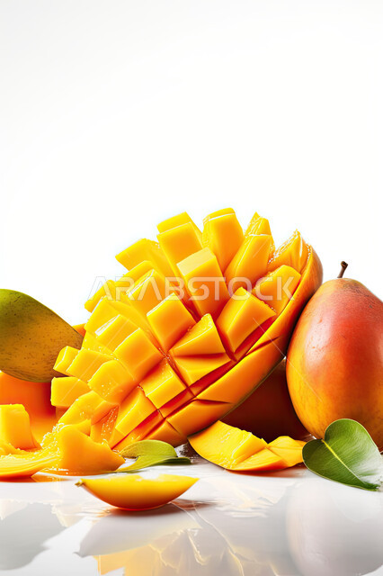 صورة مقربه لفاكهه المانجو بين قطرات الماء المحيطه به ، محاصيل زراعيه سعوديه, منتجات محلية,  فواكه صحيه موسميه طازجه ، سقوط المانجو في الماء ، خلفية بيضاء