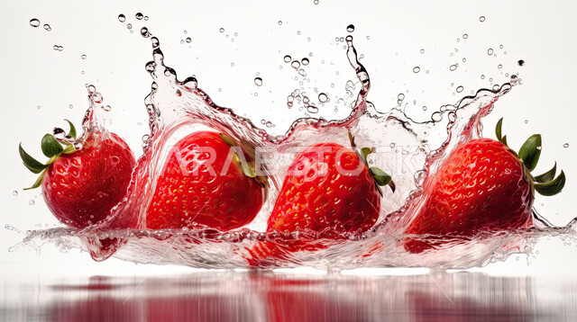 محاصيل زراعية سعودية, صورة مقربه لفاكهة الفراولة  بين قطرات الماء المحيطه به ، سقوط الفاكهة في الماء، منتجات محليه, فواكه صحيه موسميه طازجه ، خلفية بيضاء