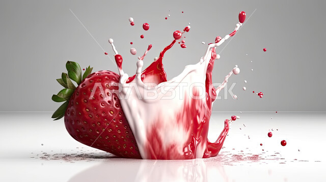 محاصيل زراعية سعودية, صورة مقربه لفاكهة الفراولة  بين قطرات الماء المحيطه به ، سقوط الفاكهة في الحليب، منتجات محليه, فواكه صحيه موسميه طازجه ، خلفية بيضاء