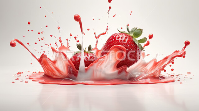 محاصيل زراعية سعودية, صورة مقربه لفاكهة الفراولة  بين قطرات الماء المحيطه به ، سقوط الفاكهة في الحليب، منتجات محليه, فواكه صحيه موسميه طازجه ، خلفية بيضاء