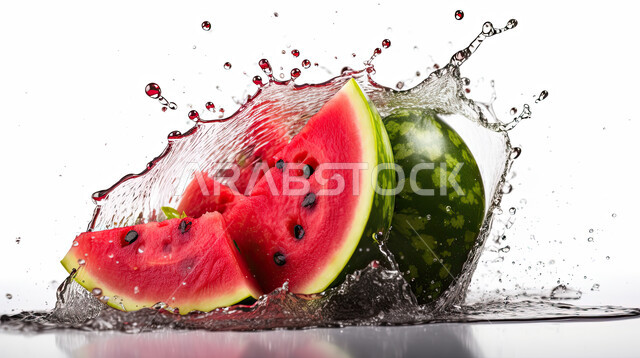 Close-up of red watermelon pieces among the water droplets surrounding it, local products, Saudi agricultural crops, fresh seasonal healthy fruits, watermelon slices falling into the water, red watermelon fruit, white background