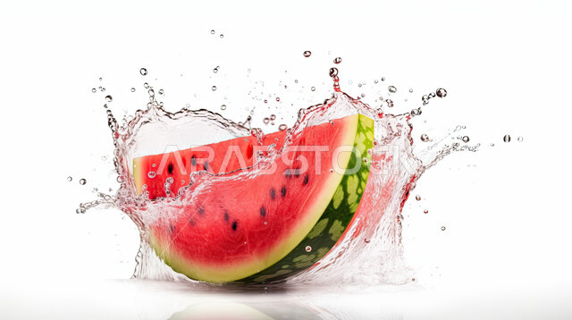 صورة مقربه  لقطع البطيخ الأحمر بين قطرات الماء المحيطه به ، منتجات محلية, محاصيل زراعيه سعوديه, فواكه صحيه موسميه طازجه ، سقوط شرائح البطيخ في الماء ، فاكهة البطيخ الأحمر ، خلفية بيضاء