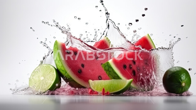 صورة مقربه  لقطع البطيخ الأحمر مع قطع الليمون بين قطرات الماء المحيطه به ، فواكه صحيه موسميه طازجه ، منتجات محليه, محاصيل زراعية سعودية, سقوط شرائح البطيخ في الماء ، فاكهة البطيخ الأحمر ، خلفية بيضاء