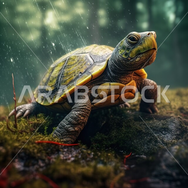 صورة مقربة لسلحفاة بريه تحت المطر، حيوانات برمائيه، محمية بريه طبيعيه ، تربية الحيوانات