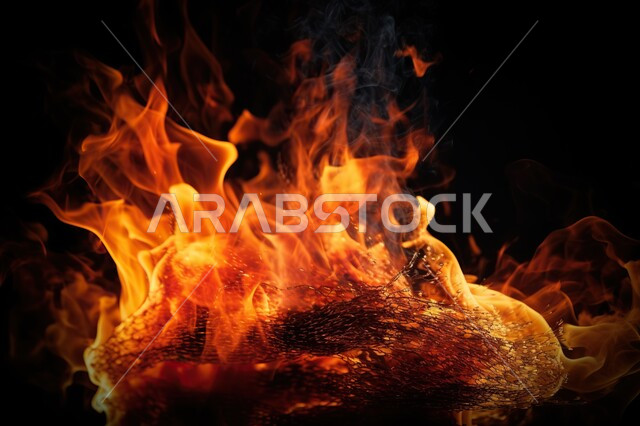 صورة مقربة للنار المتوهجة برتقالية اللون, لهب النار على خلفية سوداء من الفن التجريدي ،  الشرارات الساخنة المحترقة 