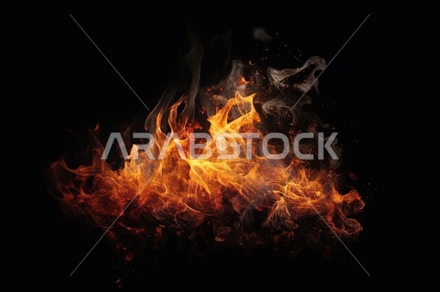 لهب النار على خلفية سوداء من الفن التجريدي ،  الشرارات الساخنة المحترقة ، صورة للنار المتوهجة برتقالية اللون