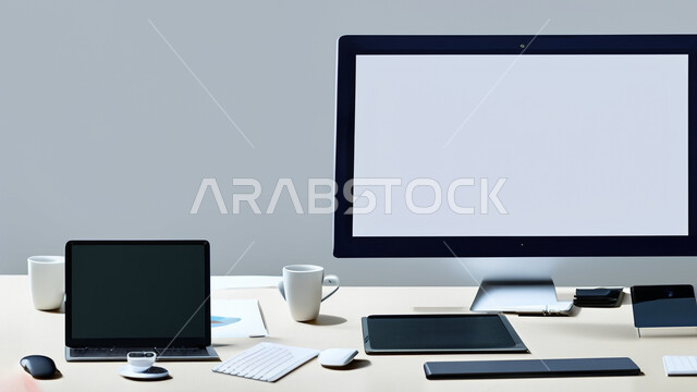 جهاز الحاسوب على طاولة العمل ,مكاتب العمل المجهزة بالأجهزه التقنيه الحديثه , تطور التقنيه والتكنولوجيا, شركات ومكاتب, بيئة عمل مكتبيه, أعمال حره مكتبيه, خلفية رمادية .