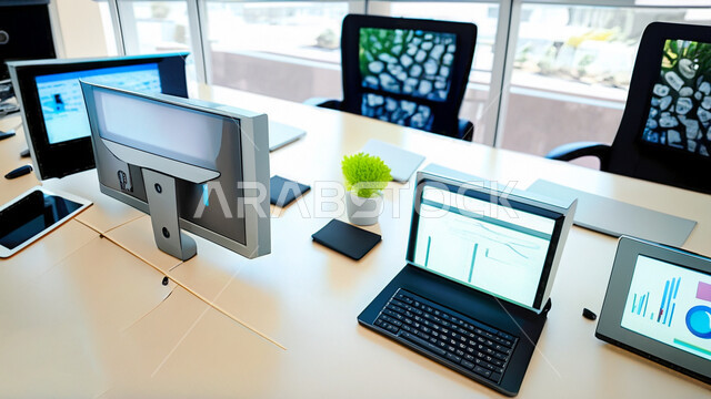 مكاتب العمل المجهزة بالأجهزه التقنيه الحديثه , تطور التقنيه والتكنولوجيا, شركات ومكاتب, بيئة عمل مكتبيه, أعمال حره مكتبيه, الكمبيوترات المحمولة على طاولة العمل .