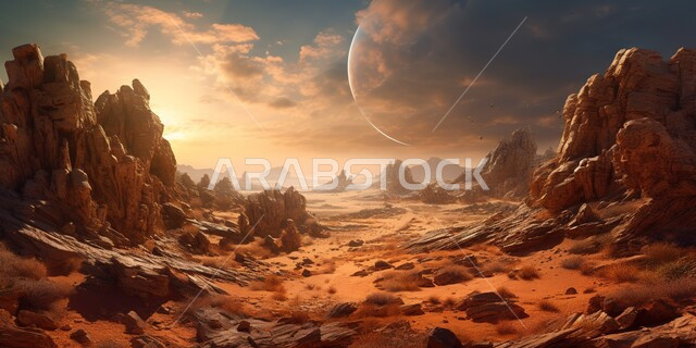 التشكيلات والتكوينات الصخرية في الصحراء العربية, الكثبان الرملية الذهبية, تضاريس الصخور و الجبال ، منظر الغيوم في السماء وقت غروب الشمس, خلفية الطبيعة الصحراوية 